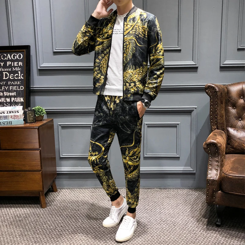 

Модная мужская одежда (куртка + штаны) 5xl, роскошная Осенняя толстовка с золотым Драконом, Мужская Дизайнерская модная Толстовка Conjunto Deportivo ...