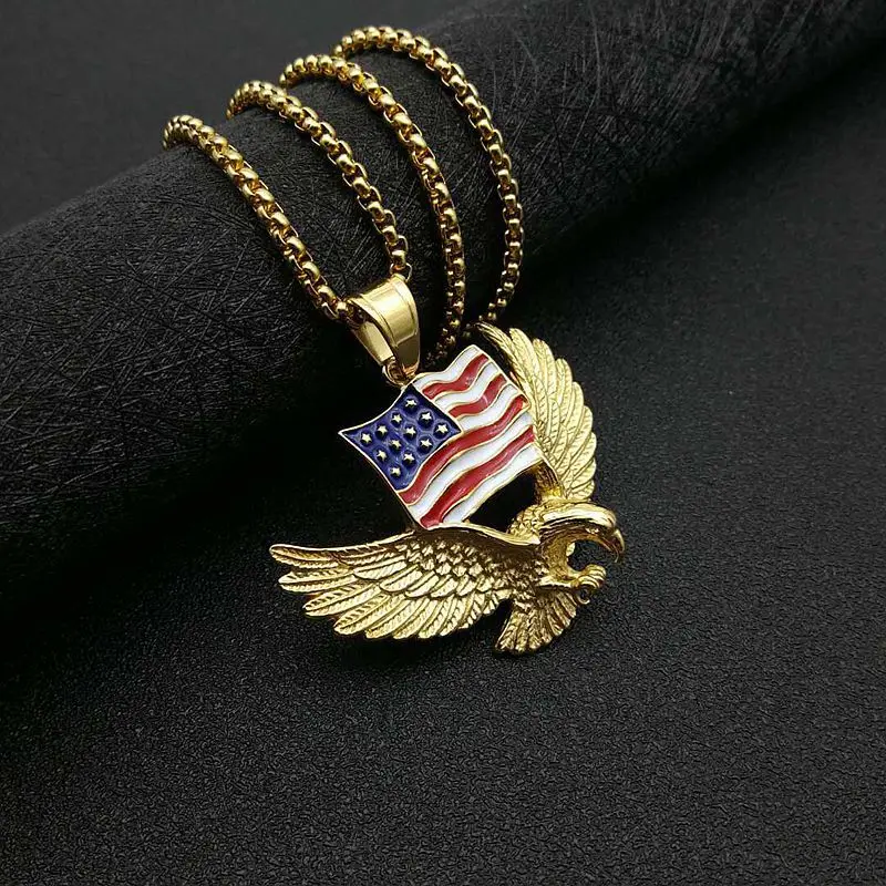 

Hip Hop American Flag Eagle Pendant & Chains For Men Gold Color Stainless Steel Animal Necklaces Male Bling Jewelry Dropshipping