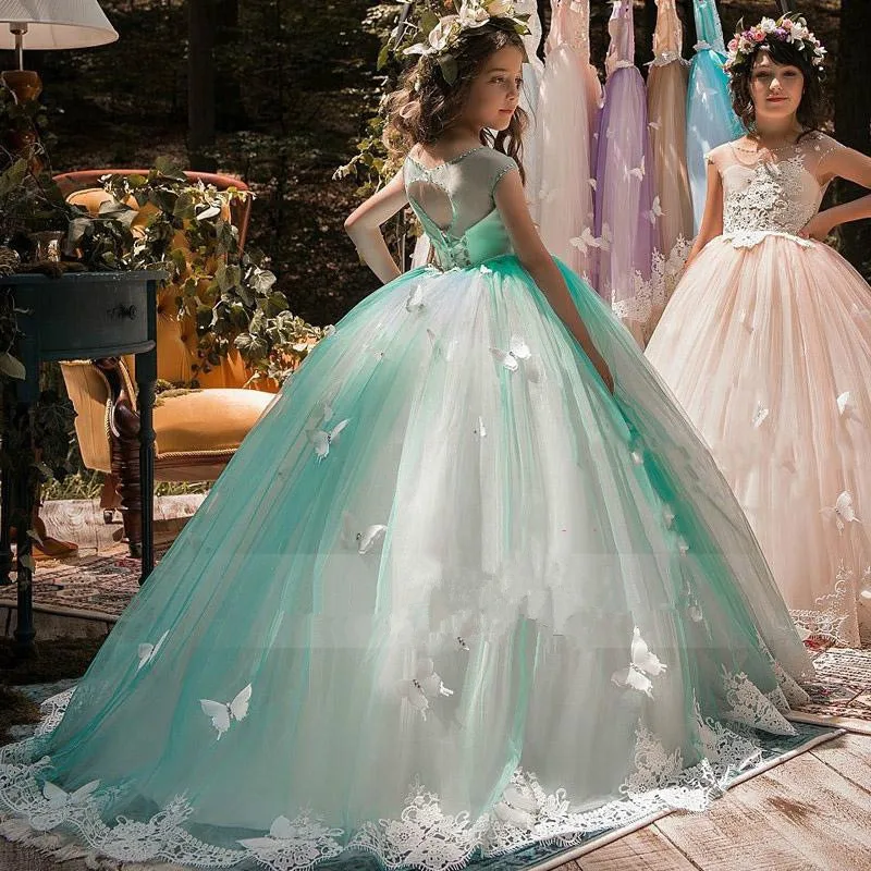 Pink/Green Flower Girl Dresses For Weddings Lace Ball Gown Sleeveless Butterfly First Communion Girls Vestido Longo | Свадьбы и