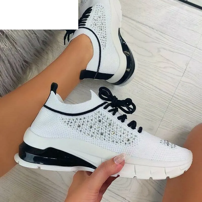 

Women Casual Sneakers 2021 Fashion Rhinestone Mesh Breathable Vulcanized Shoes New Comfortable Lace Up Walking Shoes for Women