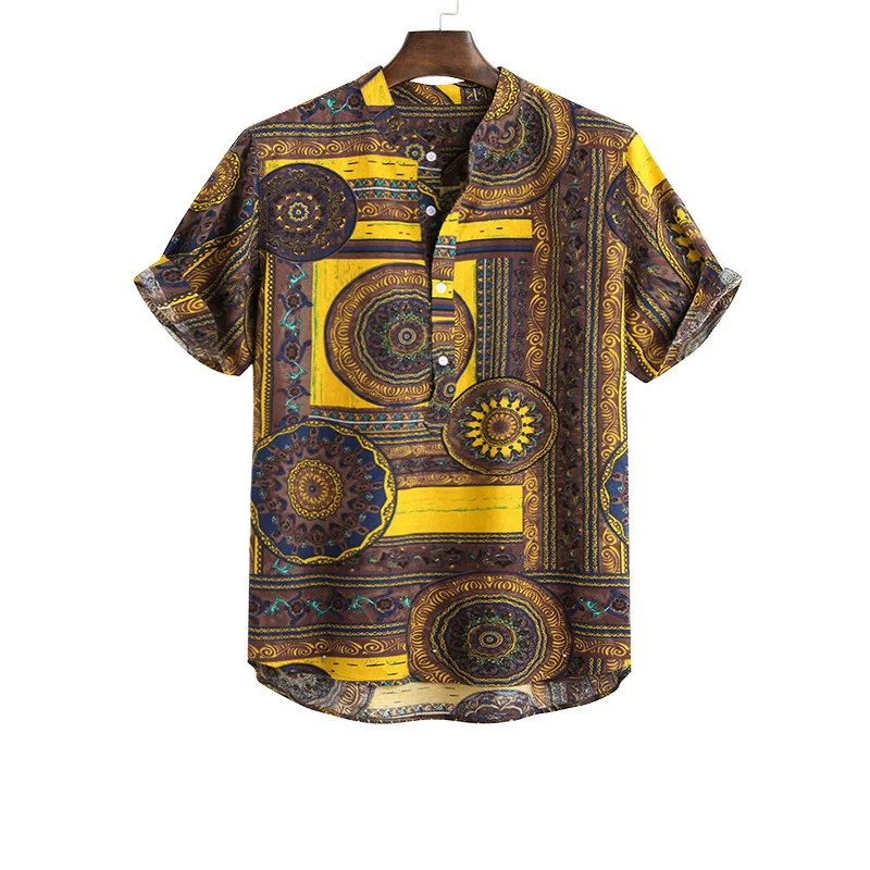 

Men's Clothing 2021 Summer New Men's Shirt Casual Fashion Short-sleeved Folk Print Shirt Plus Size Camisas Para Hombre
