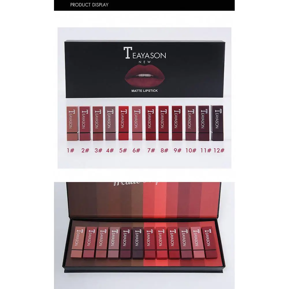 

12 Pcs/set Lipstick Multicolor Long-lasting Square Tube Matte Nutritious Lipstick for Women Female