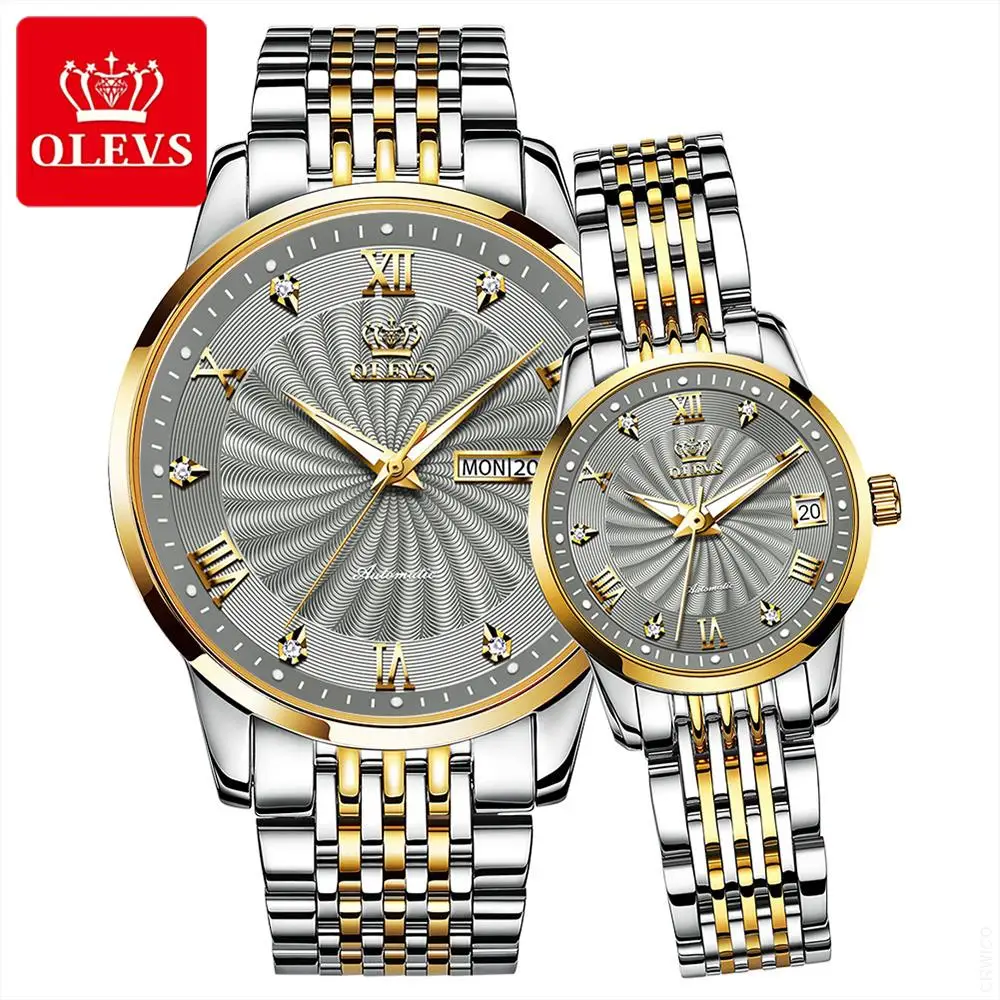 OELVS Couple Watch Luxury Automatic Mechanical Stainless Steel Waterproof Luminous Hands Clock relogio masculino Lovers Gift