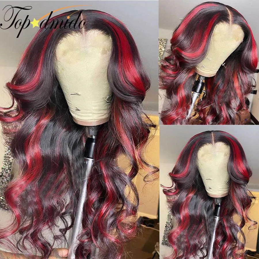 

TOPODMIDO Highlight Red Black 13x4 Lace Front Wigs with Baby Hair Brazilian Remy Human Hair Wig for Women 4x4 Closure Lace Wigs