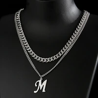 capital initial letter necklaces for men stainless steel silver m alphabet pendant necklace street cool double letter necklace