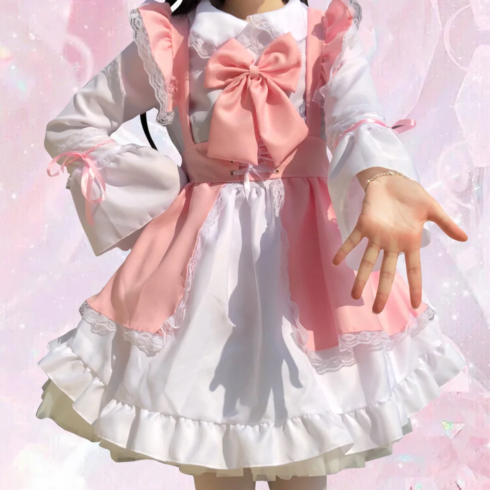 

Women Maid Outfit Unisex Pink Lolita Dress Anime Long Dress Princess Dress Apron Cosplay Costume