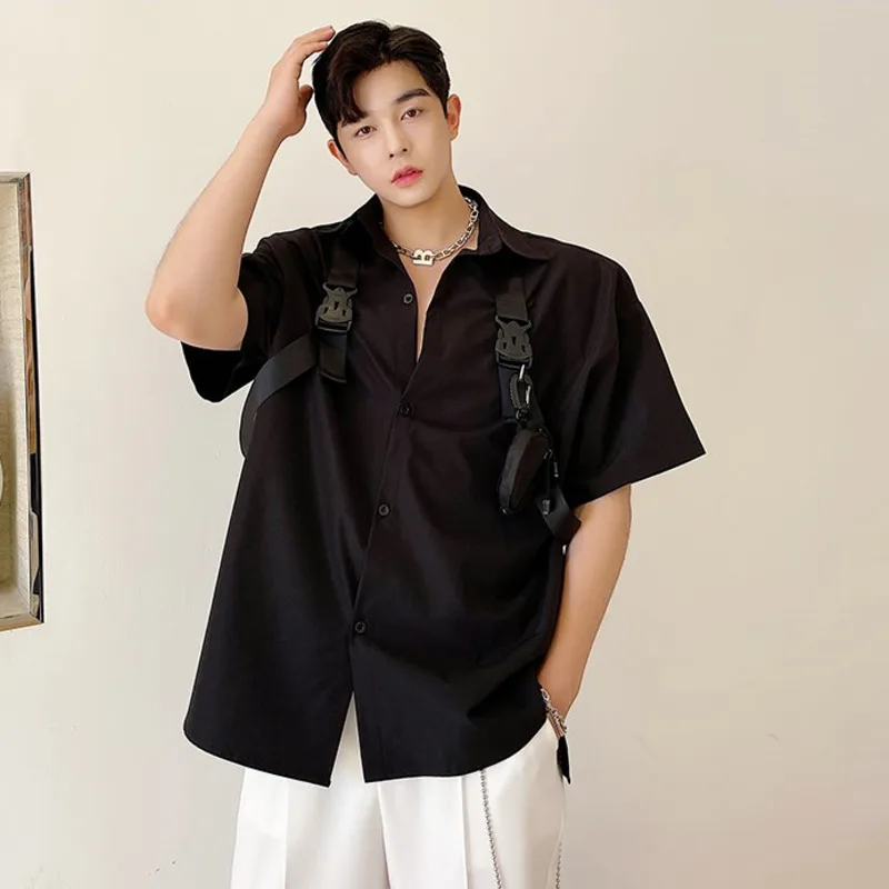 

IEFB Function Design Short Sleeve Loose Casual White And Black Shirt Men's Fashion Pocket Hanging Accessories Tops Summer 9Y7900
