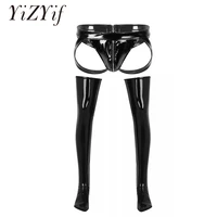 mens patent leather zipper briefs jockstrap thong underwear with thigh high footed stockings nightwear lingerie gay men panties