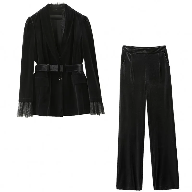 

Luxury Design Velvet Suit Sets Autumn Elegant Office Ladies Lace Patchwork Sashes Blazer Jacket Flare Pants Two Piece Outfits