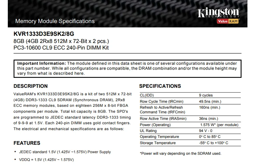 Оперативная память kingston ECC DDR3 2G 4G 8G1333MHZ 2GB 4GB 8GB CL9 240pin 1,5 V PC3-10600U, работающая на рабочей станции и серверах