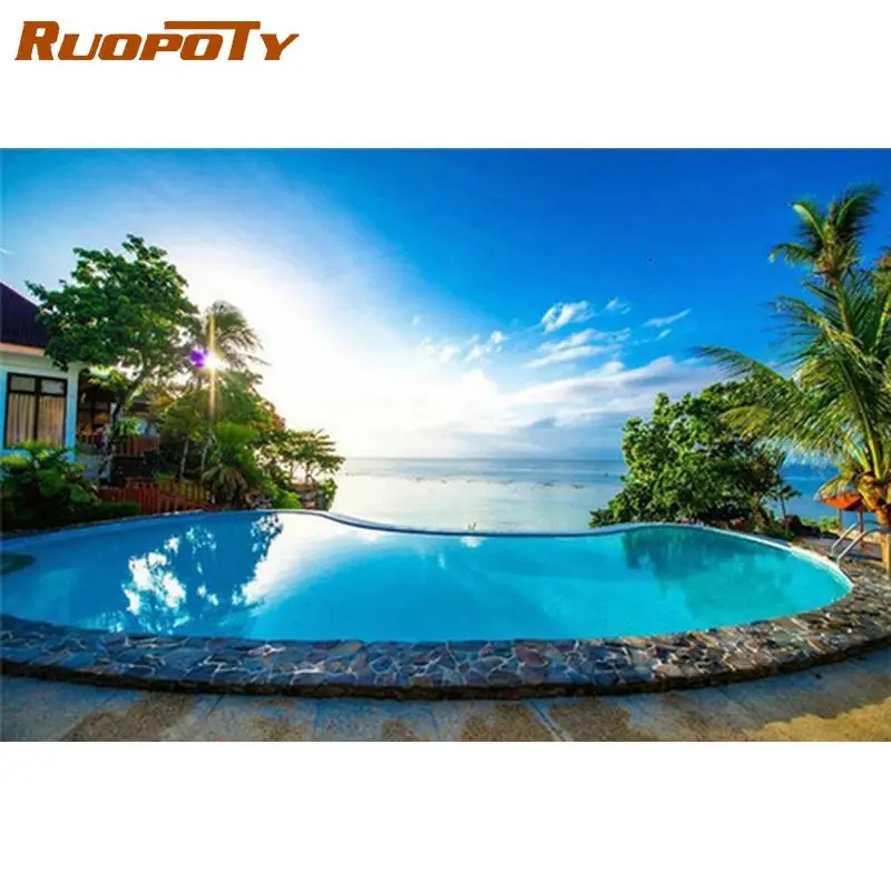 

RUOPOTY Swimming Pool Blue Sky Landscape Painting By Numbers Adults Paints Kits Framed Oil Unique Diy Gift Coloring Canvas Wall