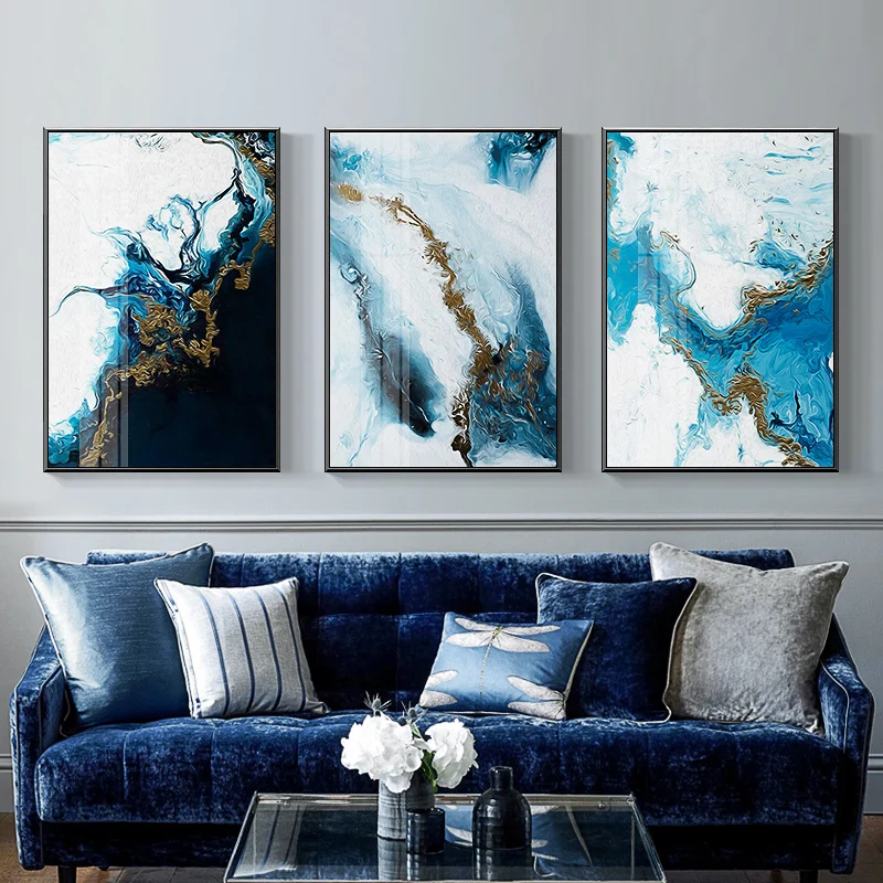 

Abstract Spalsh Blue Golden Canvas Painting Color Poster and Print Unique Nordic Decor Wall Art Pictures for Living Room Bedroom