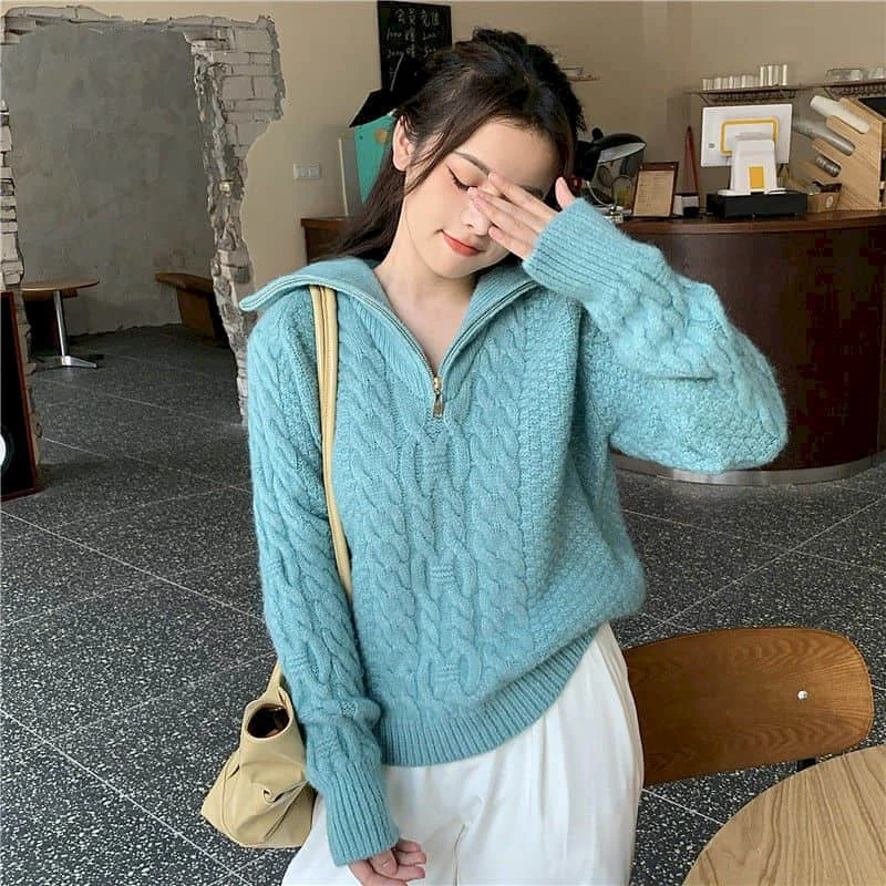 

Autumn Winter Harajuku Sweater Women Casual Loose Long Pullovers With Turn Dwon Collar Sweater Women Jersey Femme Hiver