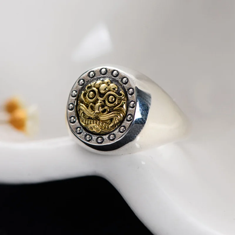 S925 Стерлинговое Серебро мужские кольца винтажное крутое Латунное животное лицо