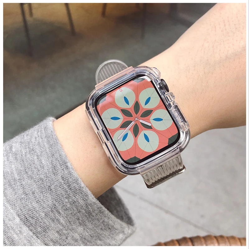 

Clear Band + Case for Apple Watch Series 6 SE 5 4 3 2 1 Transparent for iwatch Strap 38mm 40mm 42mm 44mm Plastic Strap Bands