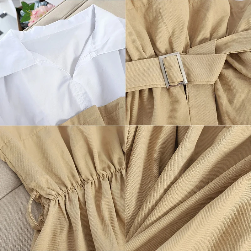 

Fake Two Pieces Shirt With Belt Korean Fashion Long Sleeve Elastic Slim Waist Women Blouses Patchwork Pullover Female Crop Tops