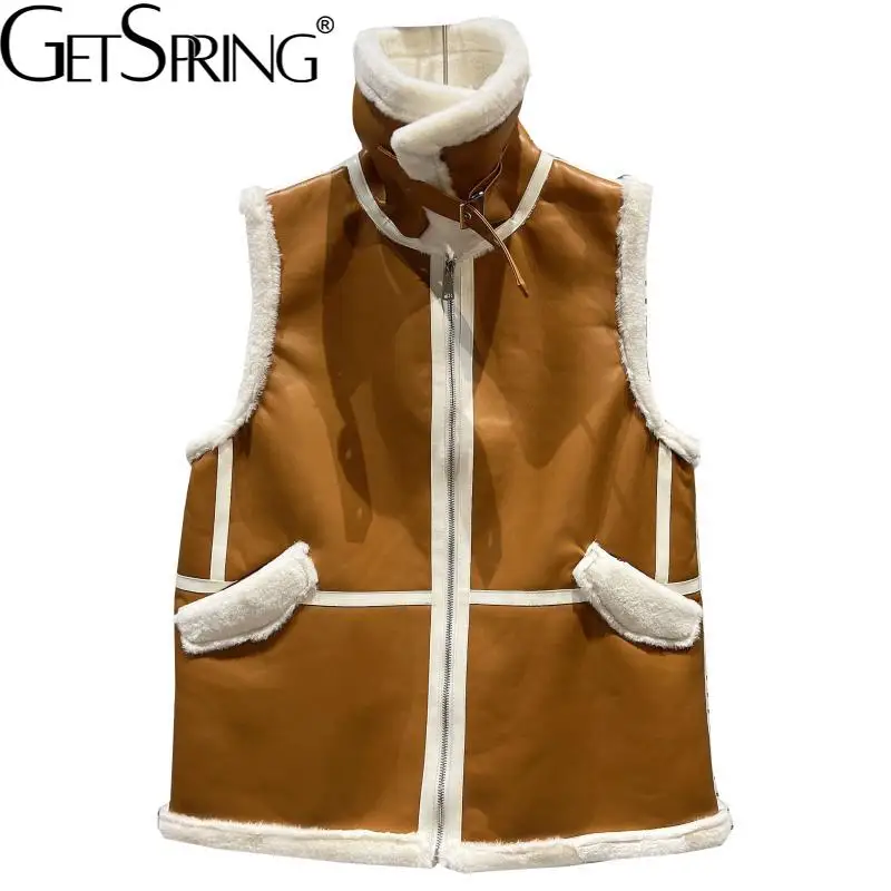 

Getspring Women Vest Vintage Fashion Leather Waistcoats Women All Match Warm Lining Winter Fake Leather Vest Winter Women 2021