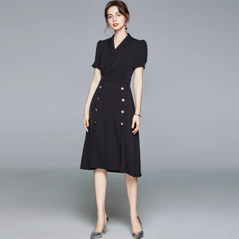 

Женское двубортное платье с разрезом, черное элегантное винтажное платье с коротким рукавом, простое вечернее платье, лето 2019