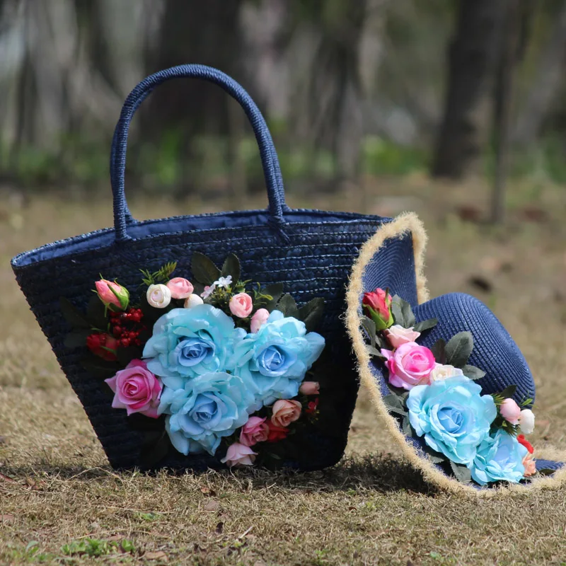Weave Straw Summer Flower Casual Tote Women Fashion Bohemia Style Beach Bag Raffia Rattan Holiday Handbag and Vacation Hat Suit