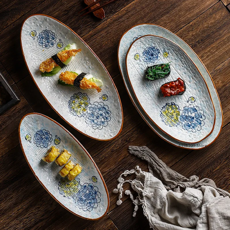Creative oval plate sushi Japanese tableware hand-painted ceramic dinner home dessert restaurant | Дом и сад