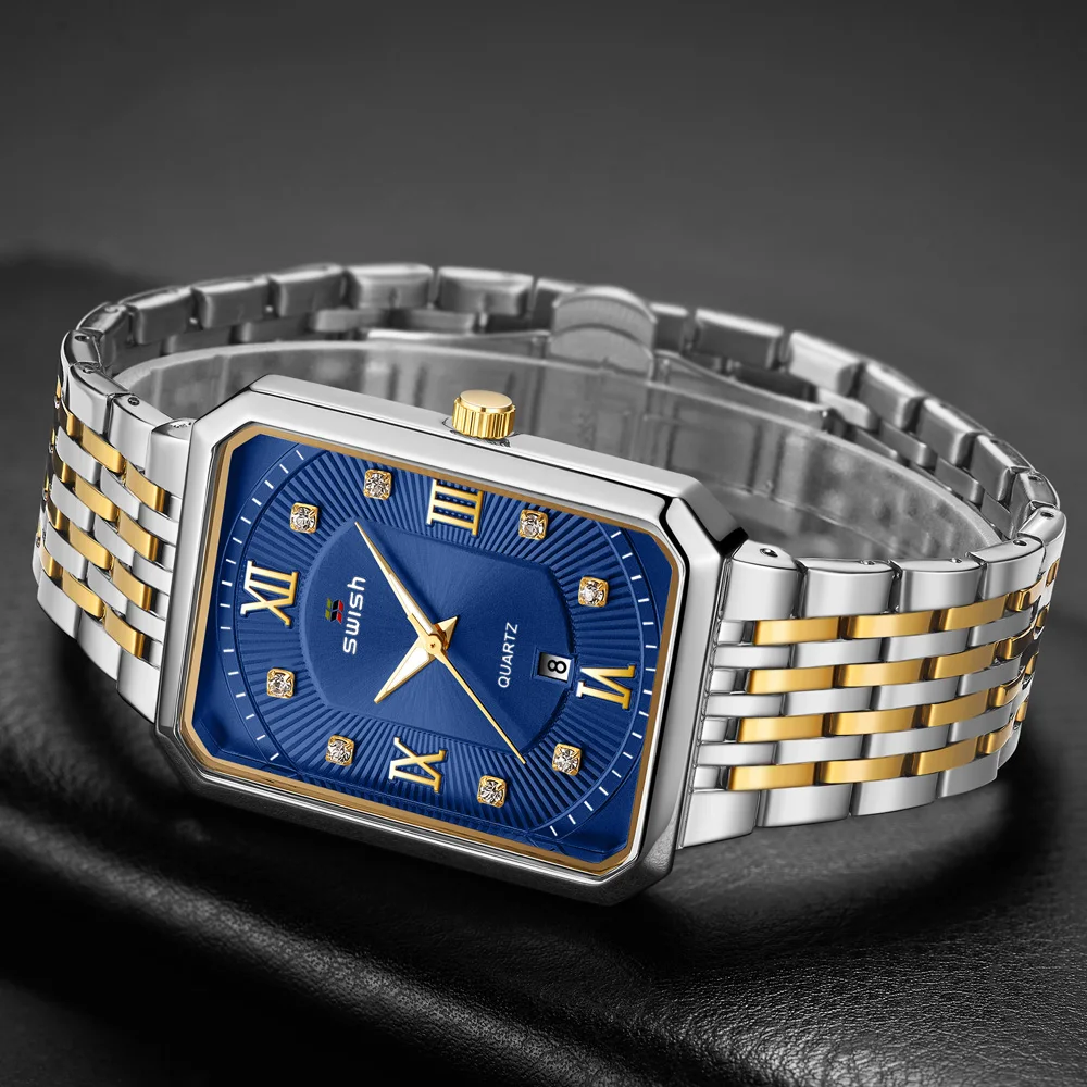 

SWISH Mens Square Quartz Wrist Watches Luxury Gold Black Watch Stainless Steel Waterproof Automatic Date Clock Reloj de hombre
