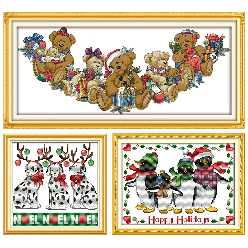 

Joy Sunday Stamped Cross Stitch Kits Christmas Bears Patterns 14CT 11CT Print Counted Fabric Handmade Embroidery Needlework Sets