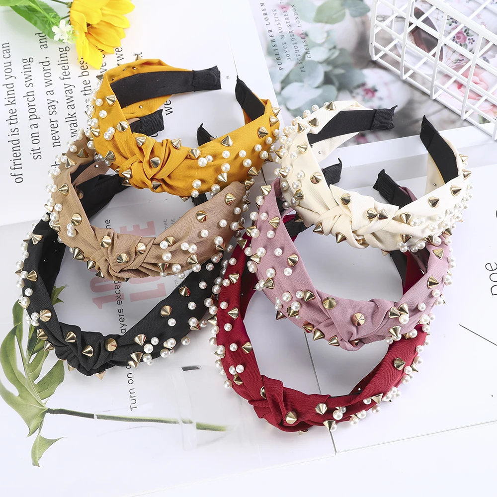 

New Solid Color Knotted Headband Rivet Female Pearl Beads Hairband Hair Hoop Bezel Head Cotton Hair Accessories For Women Girls