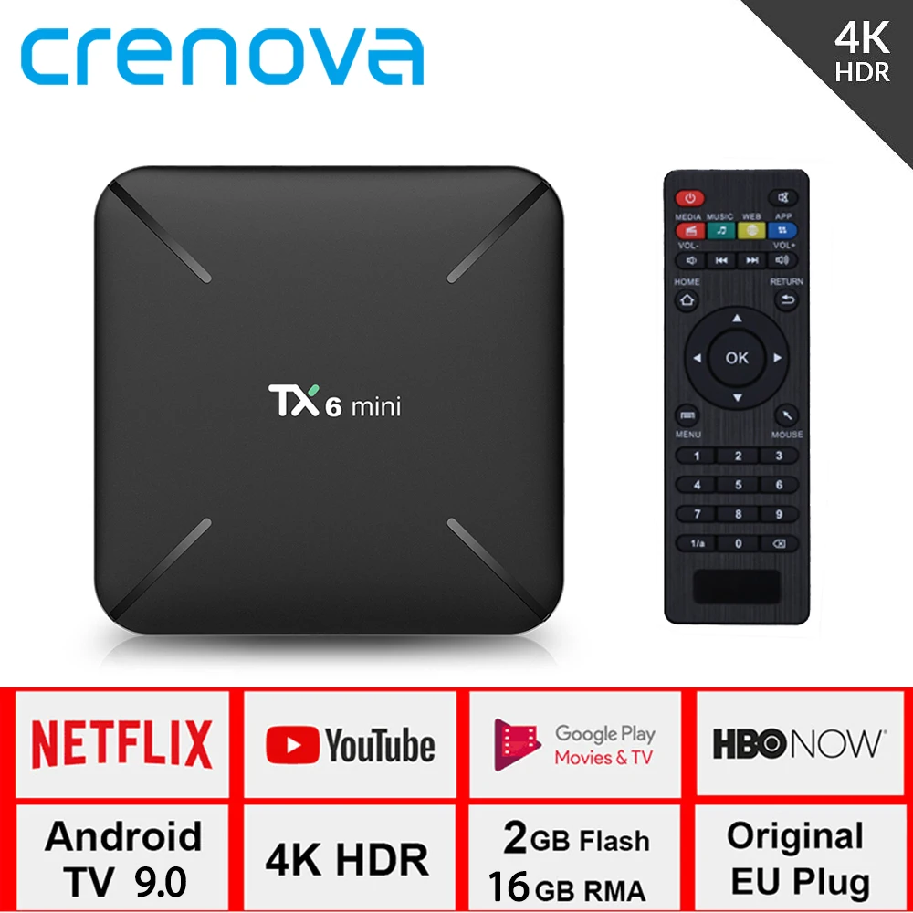 Мини Смарт ТВ-бокс Crenova TX6 Android 9 0 Netflix Youtube четырехъядерный 2 ГБ + 16 Гб 4 г WiFi 4K HD AirPlay