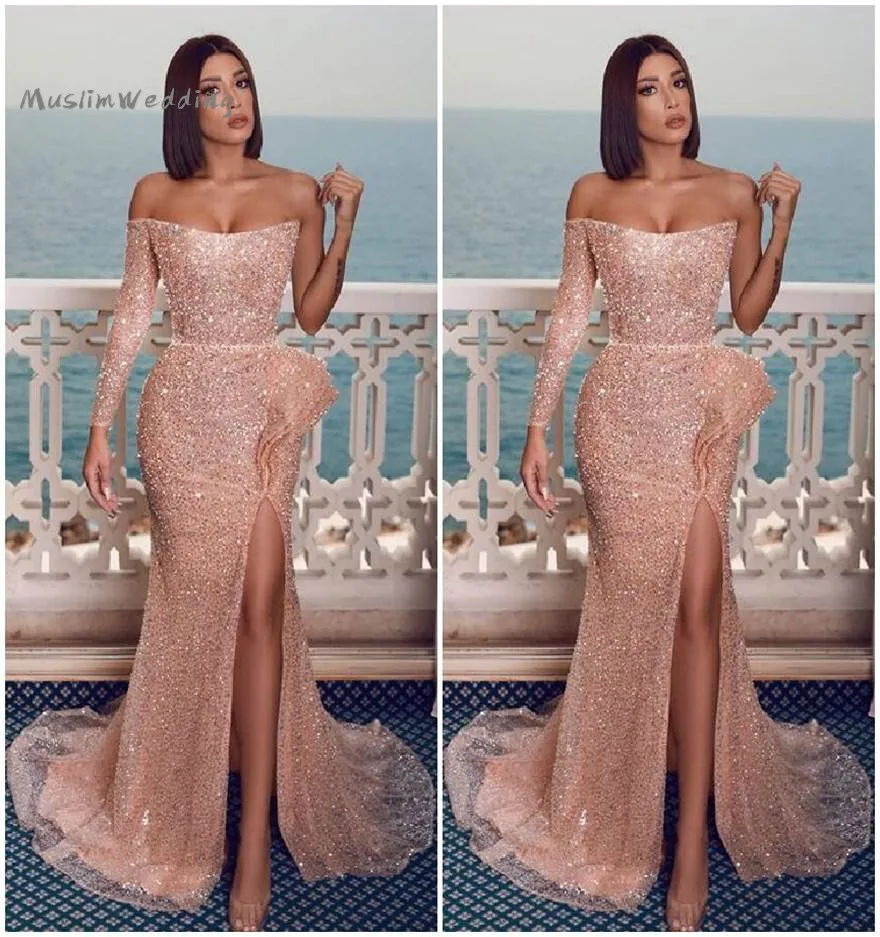 

Sparkly Pink Sequin Prom Dresses 2020 Off The Shoulder One Long Sleeve Mermaid Evening Dress With High Slit Plus Size Party Gown