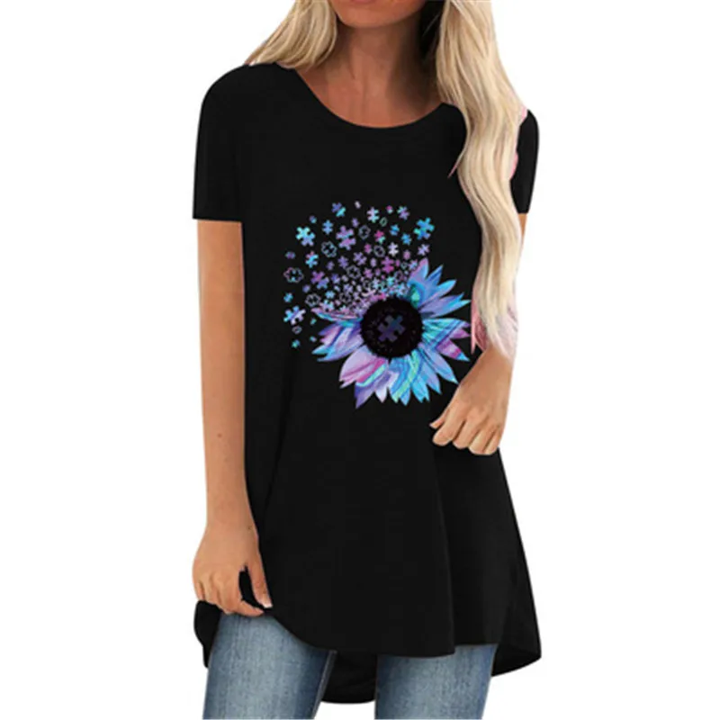 

2021 New Sunflower Tie-dye Printed Tops Women Short Sleeve O-Neck Loose T-Shirt Irregular Pullover T-Shirt Lady Casual T-Shirt