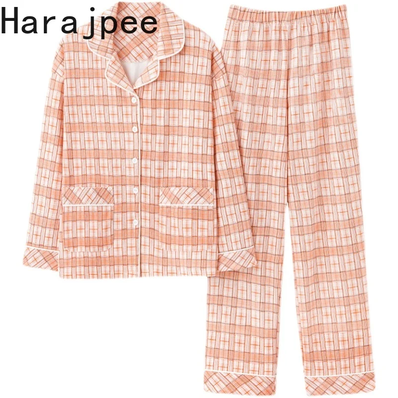 

Пижама для отдыха Harajpee, женские брюки из чистого хлопка с длинными рукавами на весну и осень, новинка 2021, кардиган в клетку в Корейском стиле ...