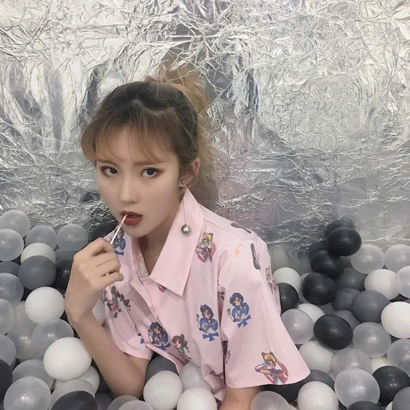 Сейлор Мун розовый короткий рукав рубашки Harajuku футболка женская одежда косплей милые кавайные Топы отложной воротник мультфильм футболка для