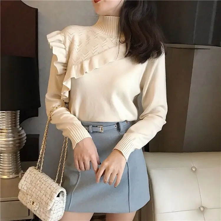 beige Woherb, элегантный женский свитер с оборками, корейская мода, водолазка, пуловер, офисный, Повседневный, вязаный джемпер, сексуальный, с вырезом, облегающий свитер - Цвет: beige