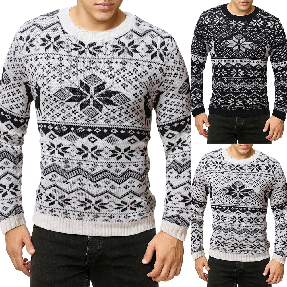 

Winter Warm Men Christmas Sweaters Snowflakes Slim Sweater O-Neck Knitted Pullover Jumper