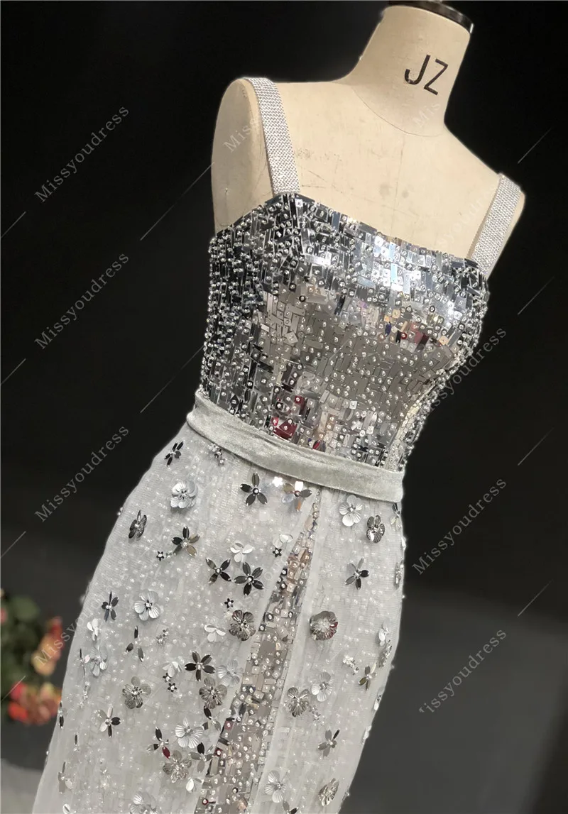 2021 Newest High Quality Customized Silver Strapless Heavy Beading Open Fork Straight Tea-Length Evening Party Dress