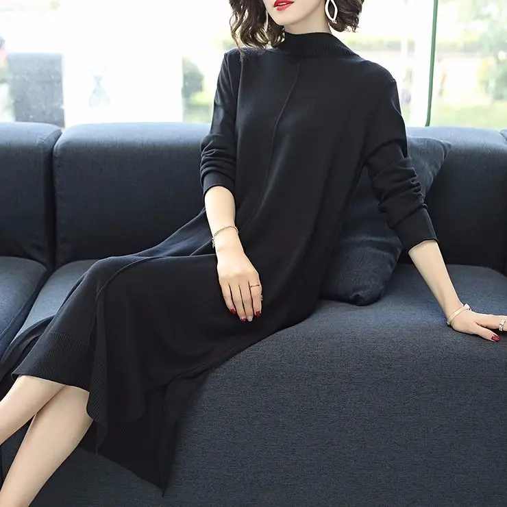

Women Autumn New Fashion Solid Knit Dresses Female Korean Style Turtleneck Sweater Dress Ladies Elegant Long Side Fork Dress P64