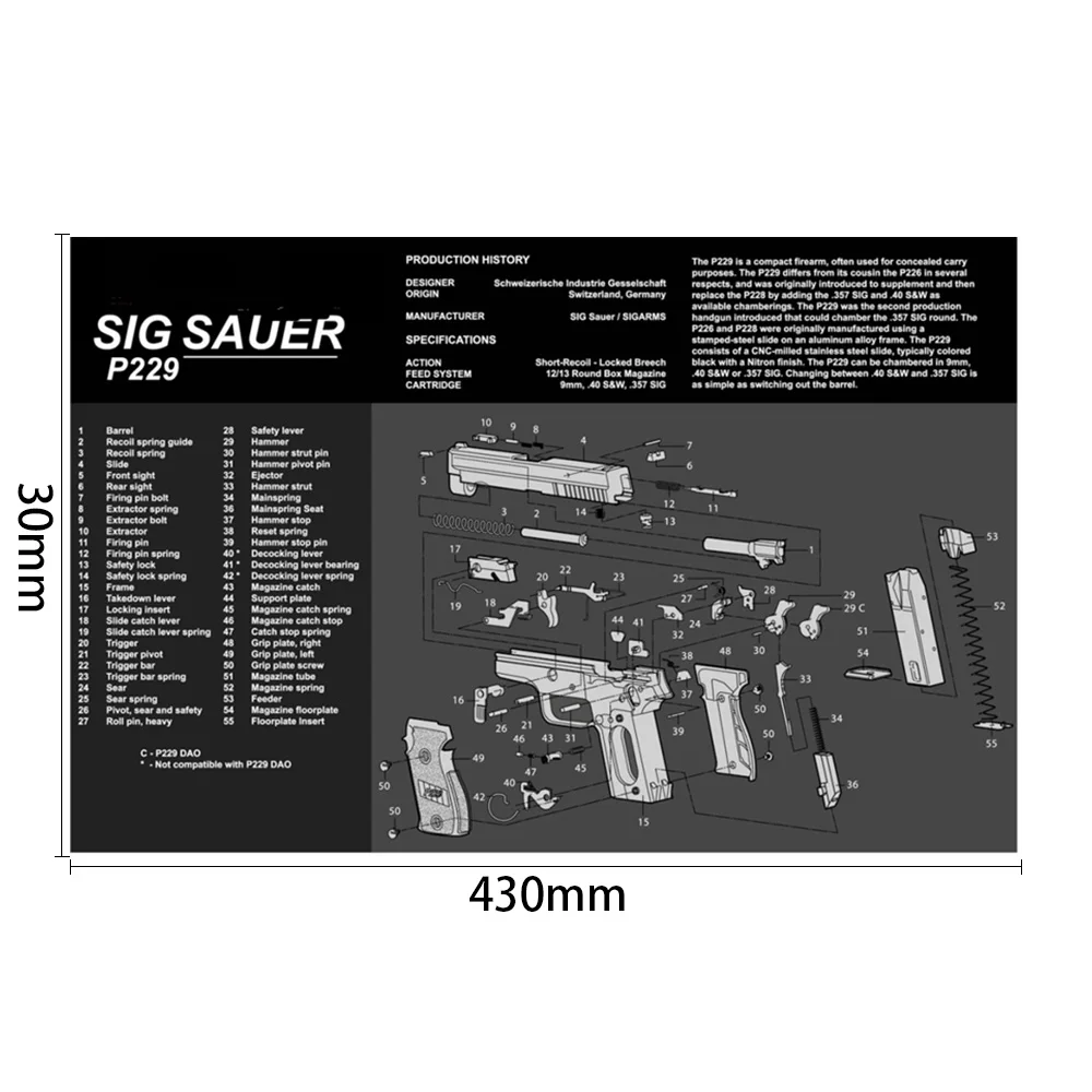 

Sig Sauer P229 Cleaning Rubber Mat 17"x11" Waterproof Non-Slip Cleaning Mat with Parts Diagram and Instruction Armorer Bench Mat