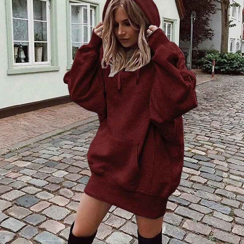 

Ladies Hoodies Autumn And Winter Fashion Hot Wine Red Solid Color Hooded Hood Casual Loose Sweatshirt For Femme