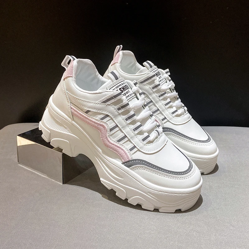 

Кроссовки женские кожаные на толстой подошве, Вулканизированная подошва, Повседневная прогулочная обувь, белые, 5 см