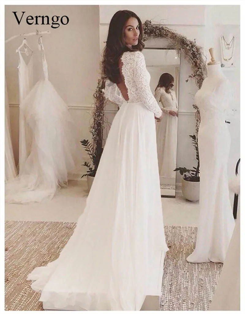 White Verngo Boho Свадебное платье с длинным рукавом шифоновые кружевные аппликации свадебное платье Летнее пляжное платье невесты Robe Mariage - Цвет: White