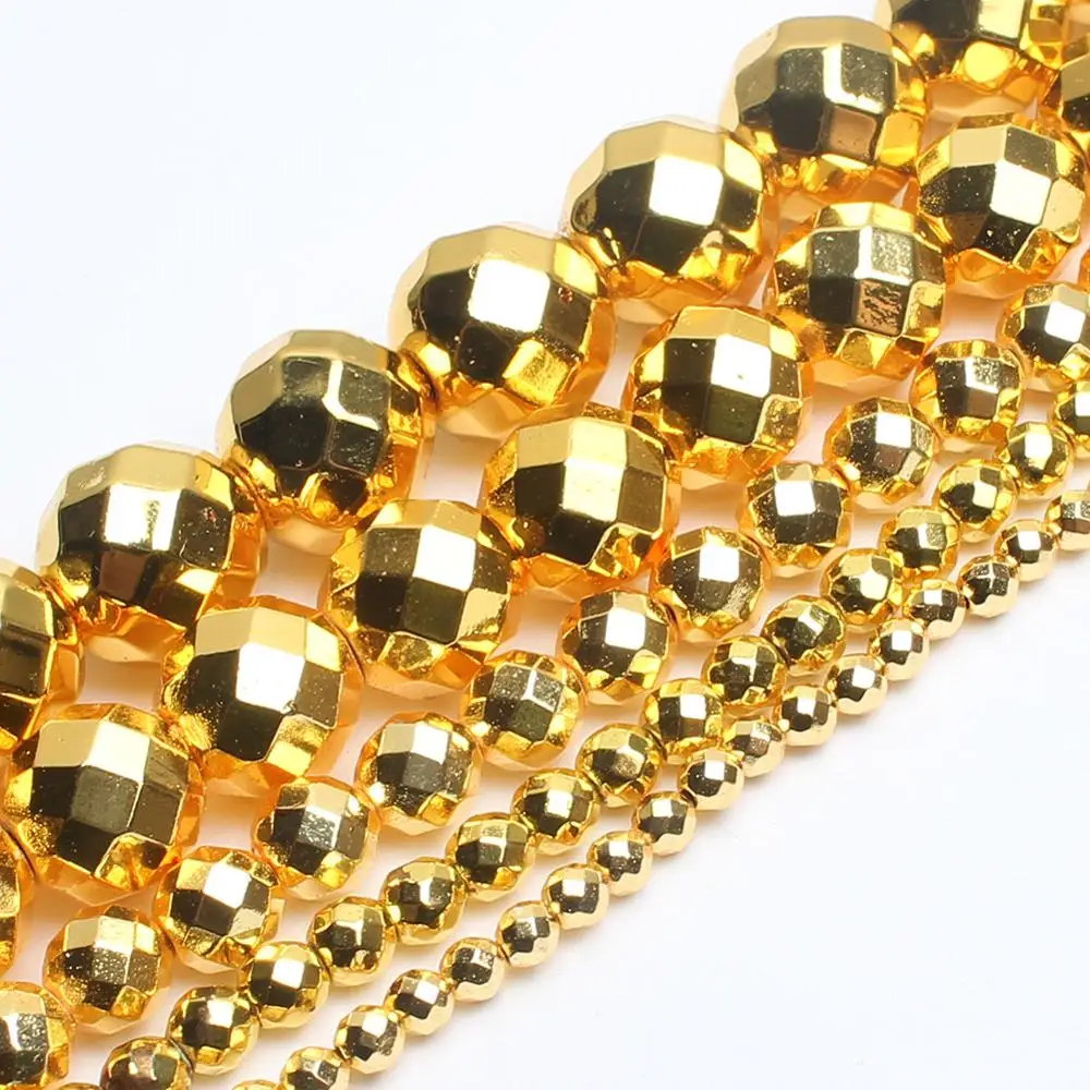 

Natrual Stone Faceted 8k Gold Plated Hematite Round Loose Beads For Jewelry Making Bracelet Necklace 2/3/4/6/8/10/12mm 15inches