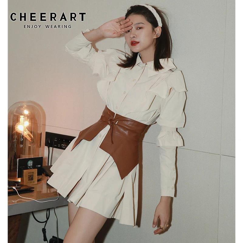 CHEERART осень 2020 платье-рубашка с длинным рукавом рюшами женское бежевое