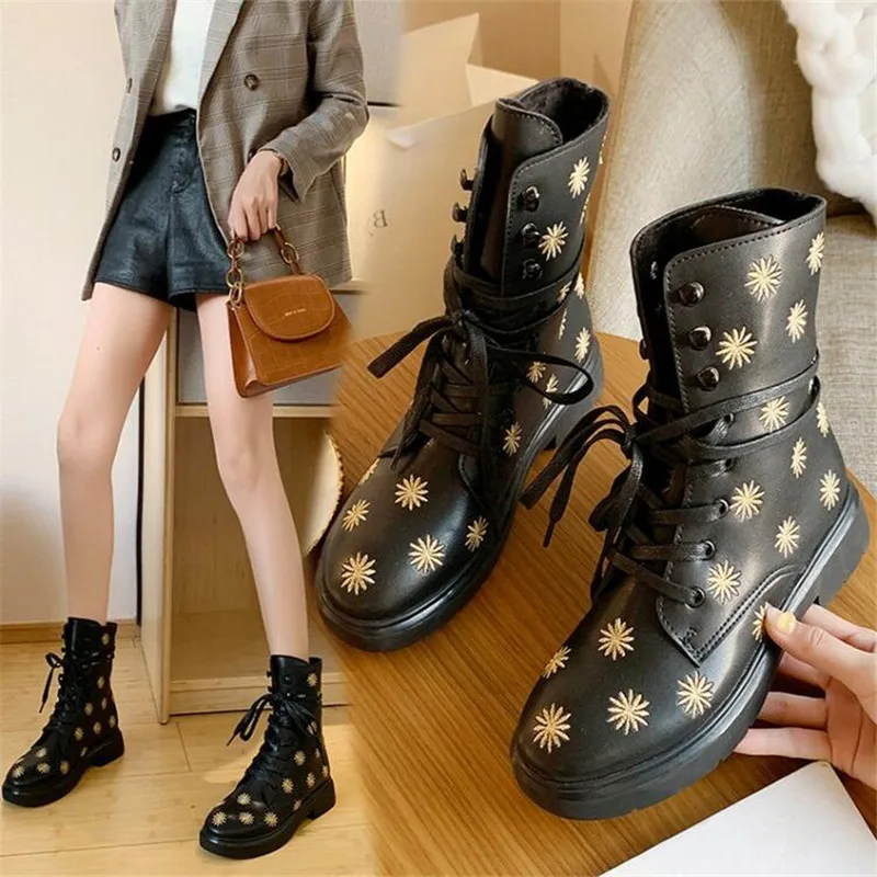 

2019 Boots Women flower Genuine Leather Shoes For Winter Boots Shoes Woman Casual Genuine Leather Female Ankle Boots L991
