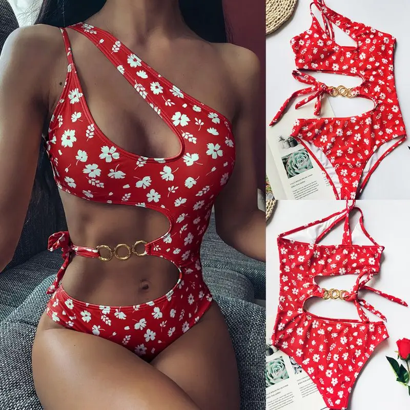 Женское пикантное цельное бикини с цветочным принтом Асимметричный вырез