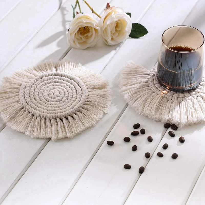 

4 Pack Coasters for Drinks,Cotton Braided Macrame Coasters,Boho Style Table Pad for Cups,Table Decor(2 Round & 2 Sector)