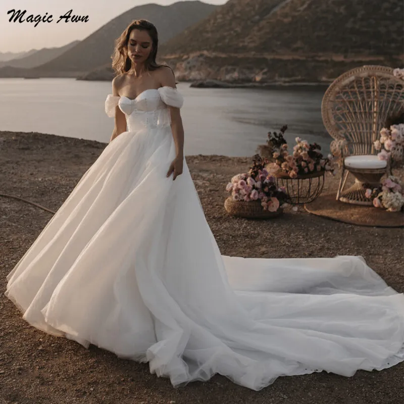 

Magic Awn Off The Shoulder Beach Wedding Dresses White Tulle Sequins Beaded Bow Bohemian Mariage Gowns For Women Lace-Up Back