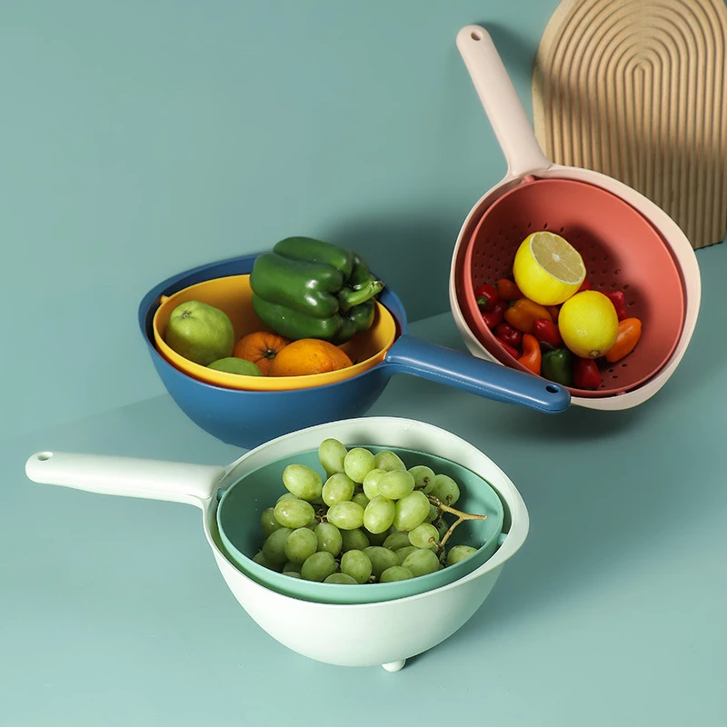 

Kitchen Double Drain Basket Bowl Washing Storage Basket Strainers Bowls Rotating Drainer Vegetable Cleaning Colander Tool