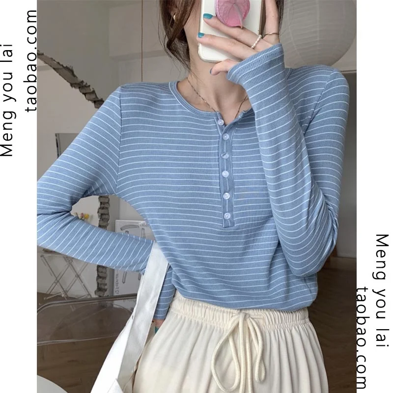 

Осенне-зимняя дизайнерская приталенная внутренняя одежда, Суперпопулярный Топ, полосатая трикотажная нижняя рубашка, Женская свободная дл...