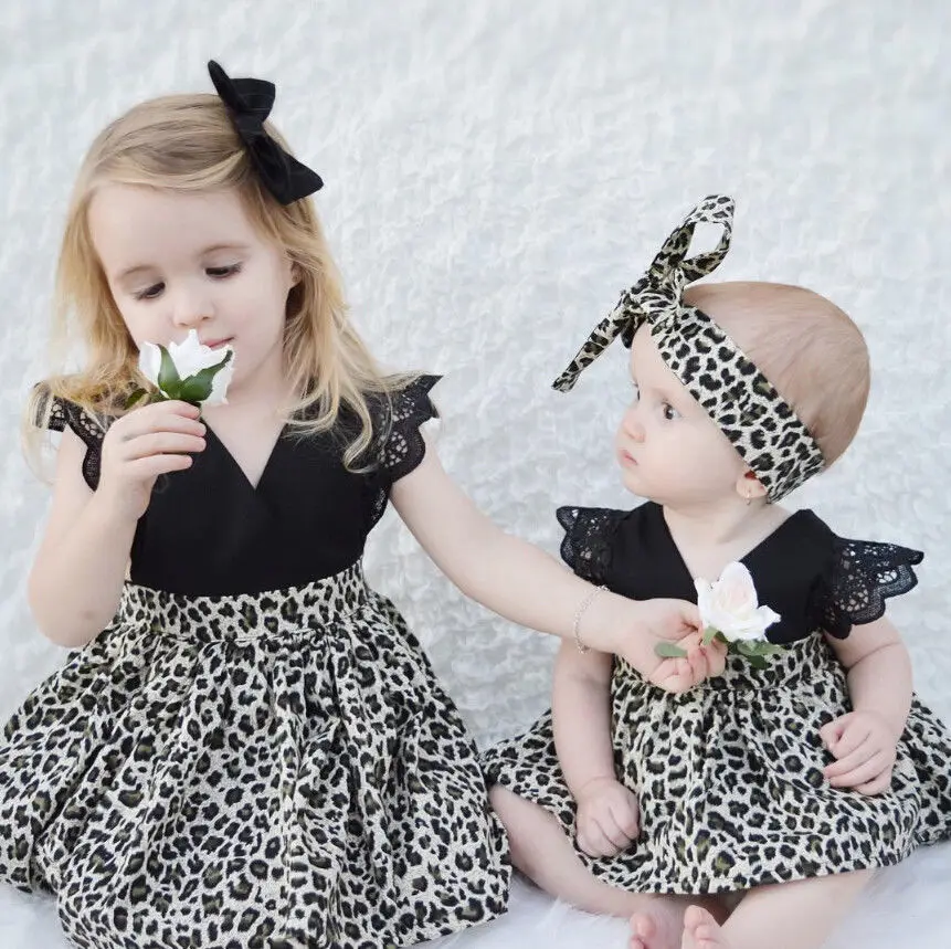 Hot Family Match Baby Girls Kids Romper Dress Party Pageant Leopard Casual Lovely Dresses Headband 2PCS | Мать и ребенок