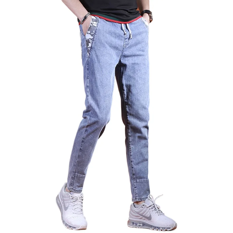 Summer Men's Light Blue Jeans Casual Camouflage Pockets Spliced Ankle-Length Pants Drawstring Denim Trousers